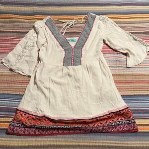 Karle Boho Embroidered Tunic Dress Bell Sleeve V Neck Ties Cream Multi